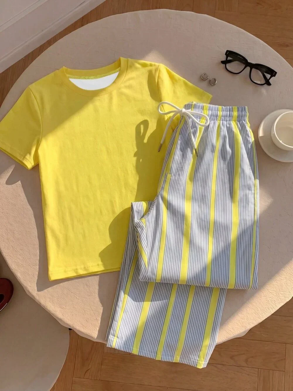 Multicolor Casual Women's Short Sleeve Top & Striped Pants Set